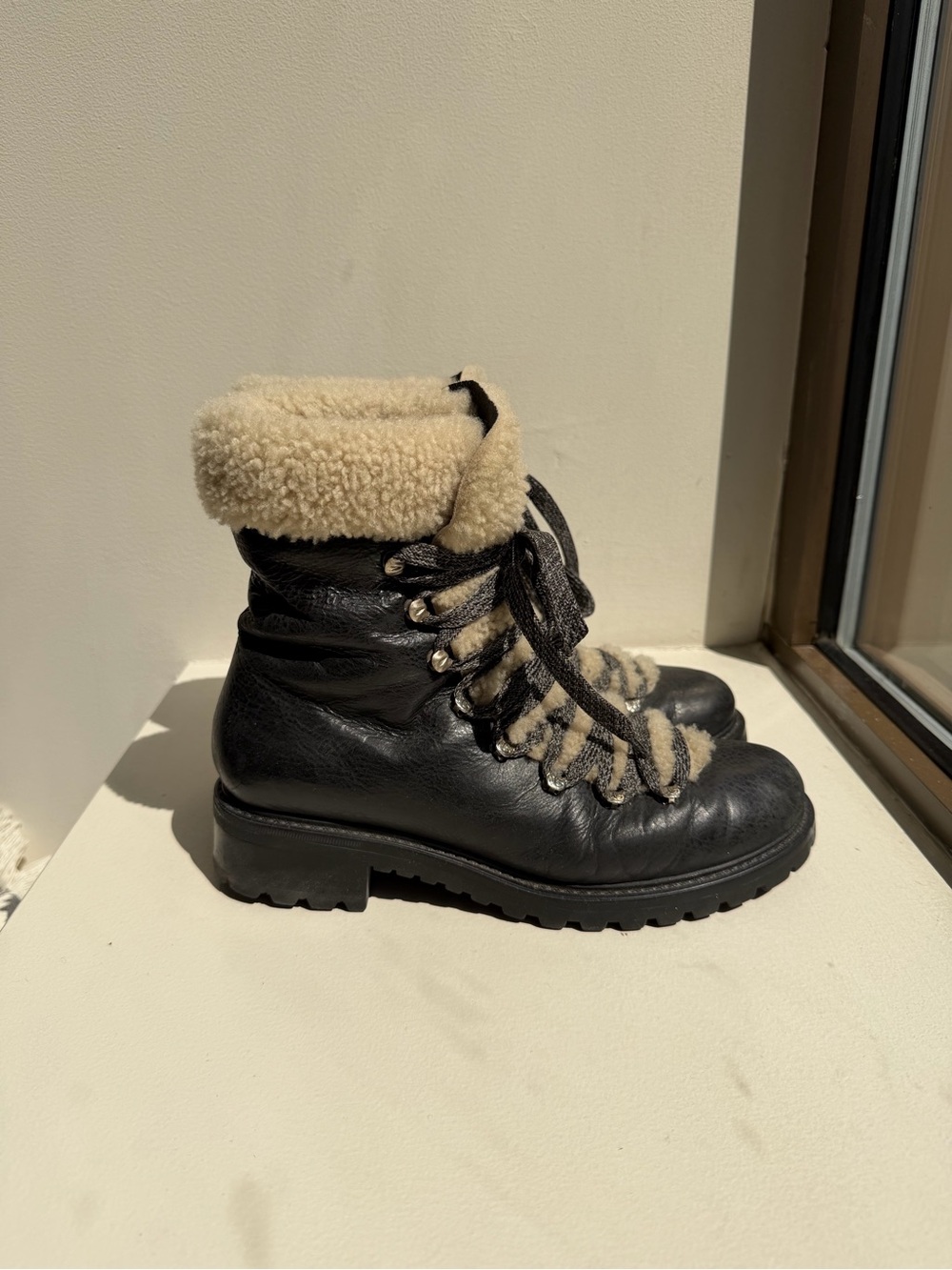 Barneys New York Black Leather Shearling-Trim Ankle Boots